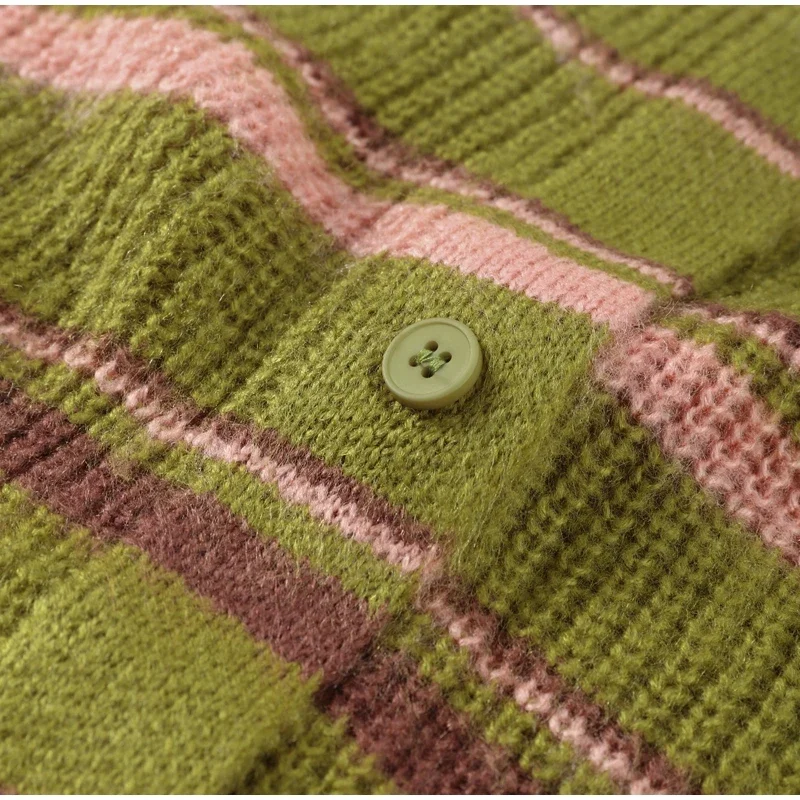 Streifen kontrastierende kurze Strickjacke Frauen elegant o Hals Einreiher Pullover 2024 Herbst Dame Straße Strick pullover – Detail 4