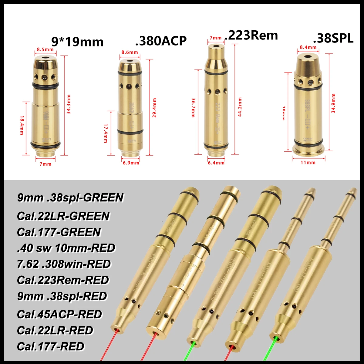 Tactical Bore Laser Sight Boresighter .22LR .177 12GA .38spl 20GA .308 9MM .45ACP .223Rem Rifle Hunting Caliber Glock 17 19 1911