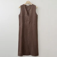 2025 Summer Women Solid Linen V Neck Sleeveless Fashion Dress Split Tank Dress - Image 6