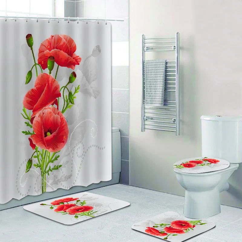 

Elegant Bouquet of Fantastic White Flowers 3D Style Shower Curtain Floral Bathroom Curtains with Bath Rugs Carpet Set Home Decor