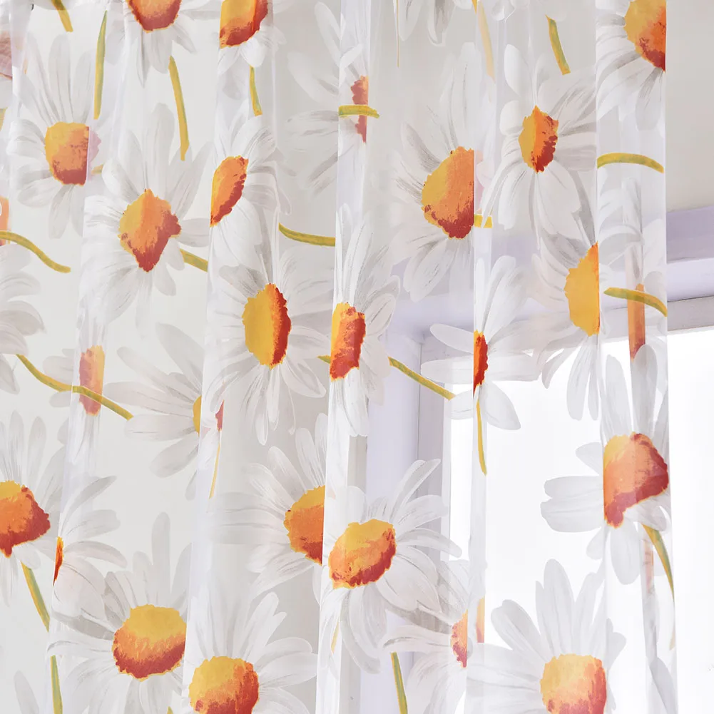 Printed Daisy Patterned Flower Tulle Curtain For Living Room Window Screen