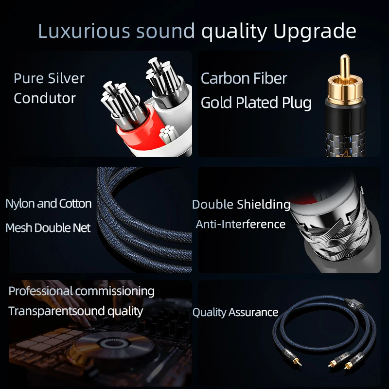 ATAUDIO 순수 실버 HiFi 오디오 케이블, 전화 CD 금도금 스테레오 3.5mm 잭-2RCA 수 HiFi 케이블, 3.5mm-2RCA