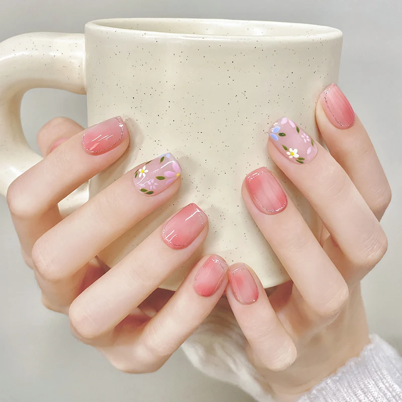 

10pcs Summer New Square False Nails French Flower Design False Nails Full Cover Detachable Press on Nail Reusable Manicure Art