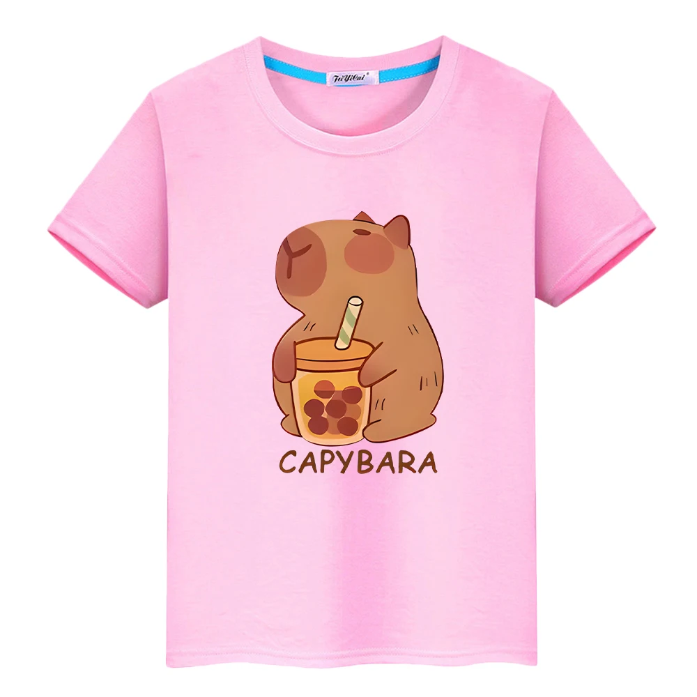 Capybara drinks milk tea print anime Short t shirt for kids boy 10year y2k one piece 100%Cotton Tops pride tshirt girls clothes 4