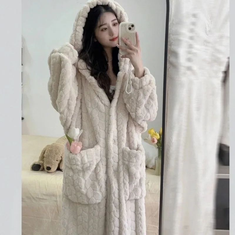 Pocket Robe for Women Sleepwear Winter Nightdress Night Wears Warm Fleece Pajama One Piece Nightgown Hooded Sleeping Homewear women sleepwear,sleepwear pajamas