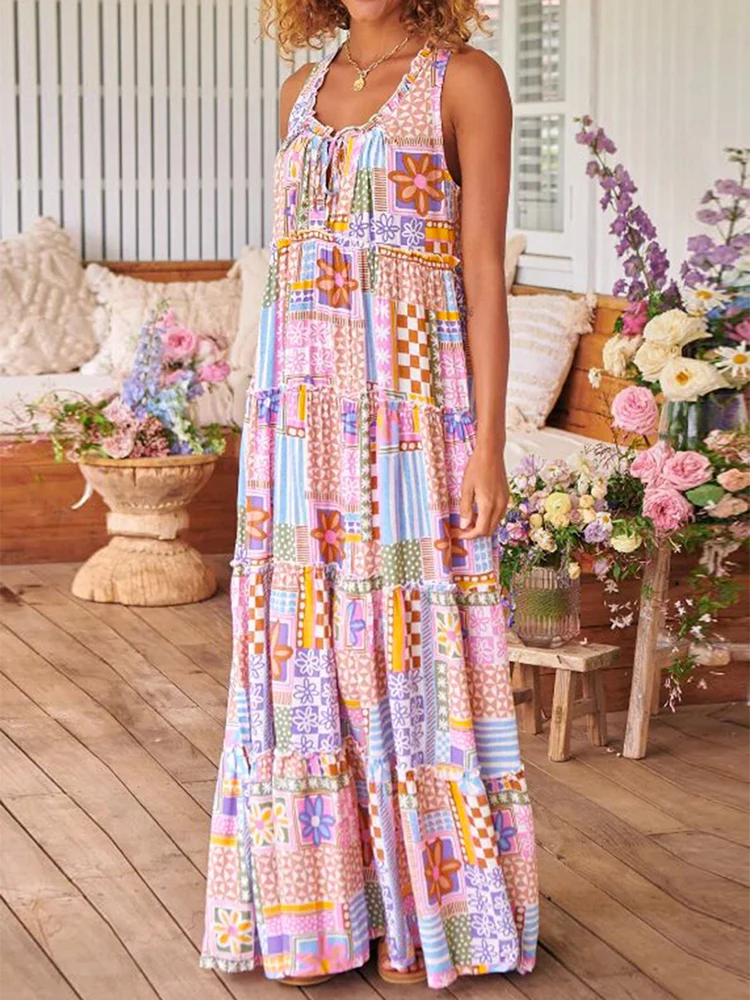 

Fashionable temperament new women's digital printed sleeveless suspender with round neck long vacation style elegant dress