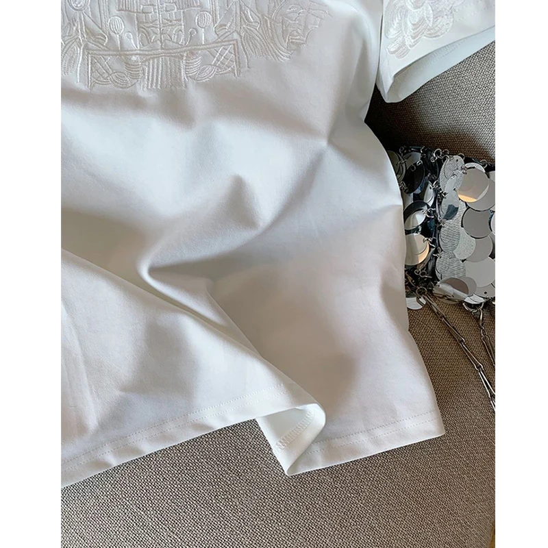 Women Clothing Summer Fashion Vintage Embroidery White Cotton Basic T Shirt Female Simple Casual O Neck Short Sleeve Loose Tops, view 5