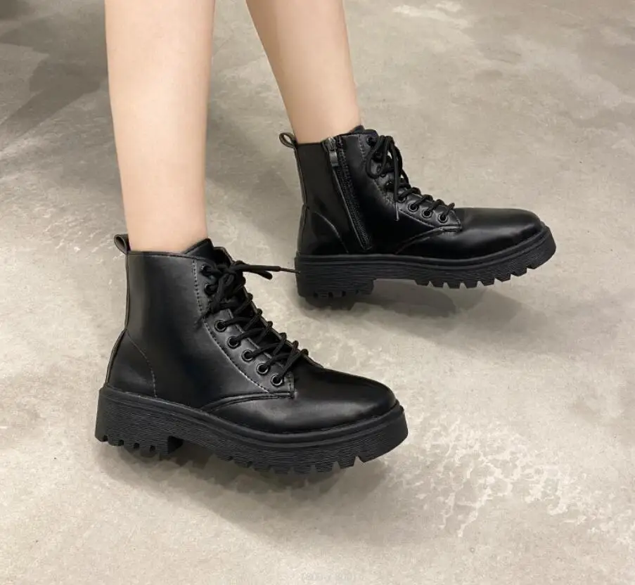 Sexy Women Boots New In Motorcycle Ankle Boots Wedges Female Lace Up Platforms Winter Black Leather Oxford Shoes Women Boots