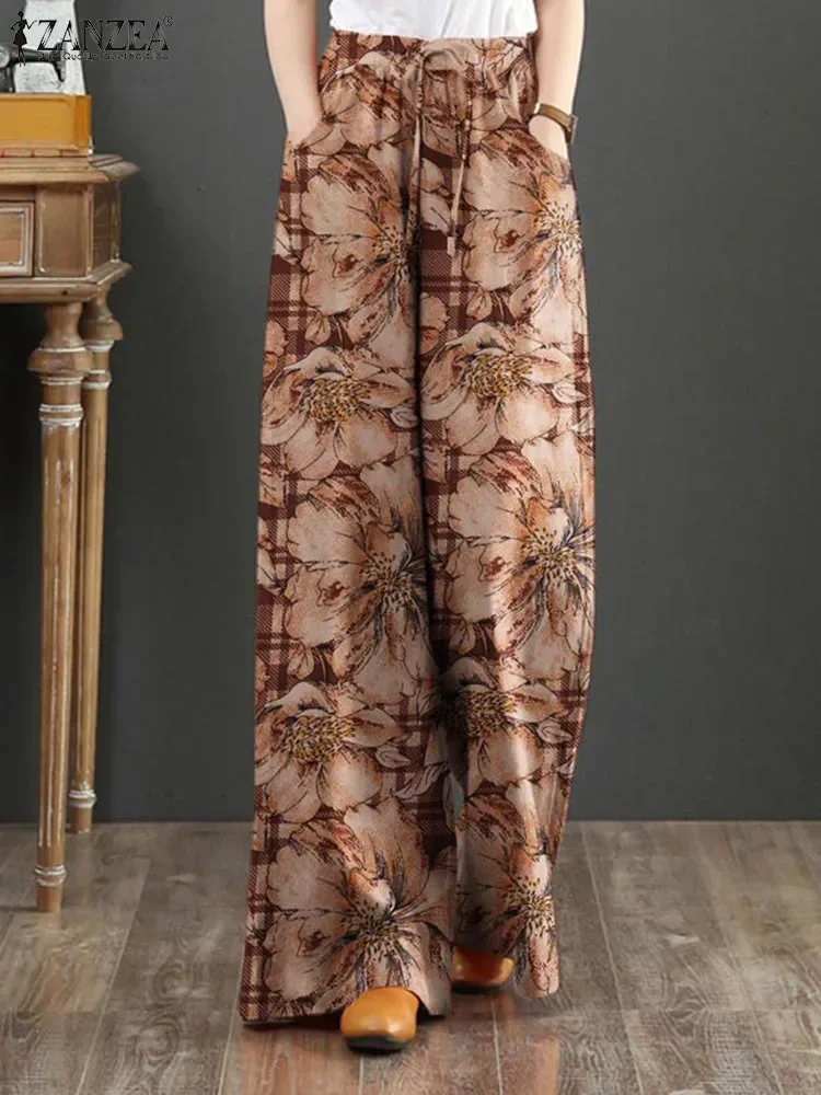 2024 New Bohemian Floral Printed Pants Autumn Fashion Wide Leg Pant Woman Casual Cotton Long Trousers Vintage Elastic Palazzo