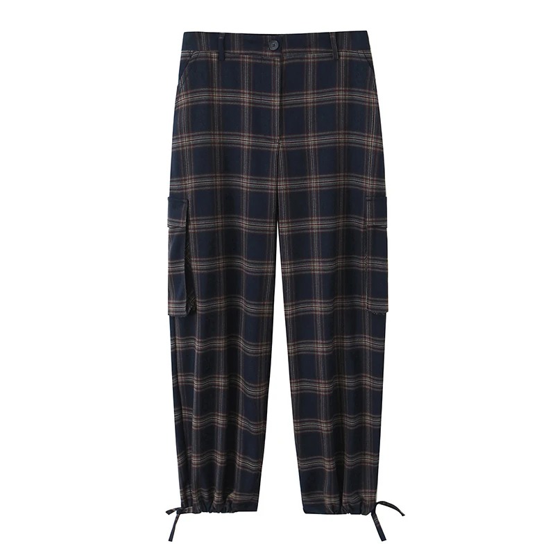 Plaid Cargo Lantern Pants 2 Pieces Sets For Women Long Sleeve Hooded Jacket Coat Spring Autumn Two Pieces Set Woman Outfit