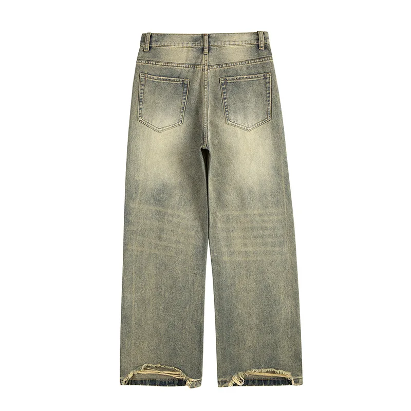 Retro Loose Wide Leg Denim Pants Men Washed Distressed Straight-leg Pants Streetwear Jeans Mens 2