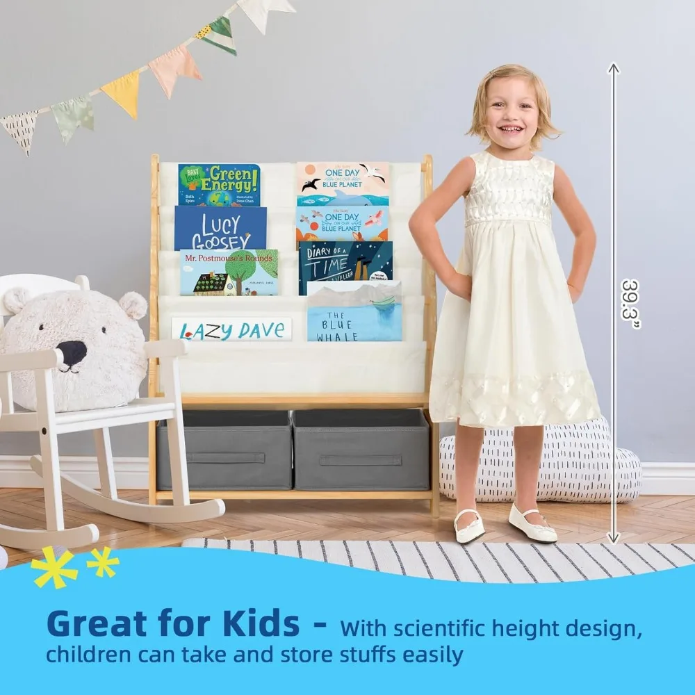 27.6" L x 11" W x 34" H Toddler Bookshelf Equipped with 4 Sling Book Shelf 2 Toy Organizer Shelves and Storage Boxes 3