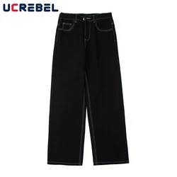 Stitch Denim Pants Mens High Street Wide Leg Pants Streetwear Loose Jeans Casual Trousers Men