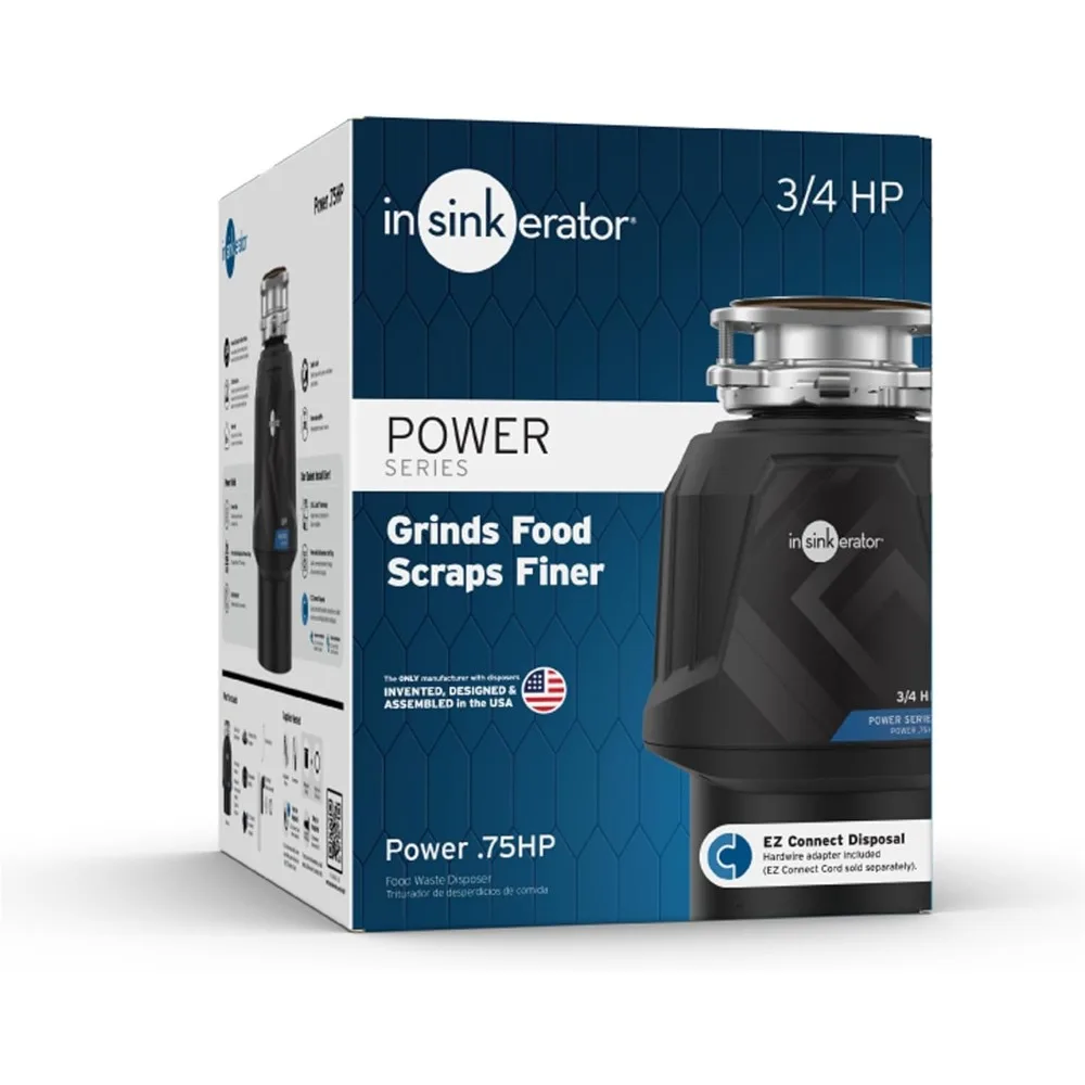 Power 0.75HP, 3/4 HP Garbage Disposal, Power Series EZ Connect Continuous Feed Food Waste Disposer, Black