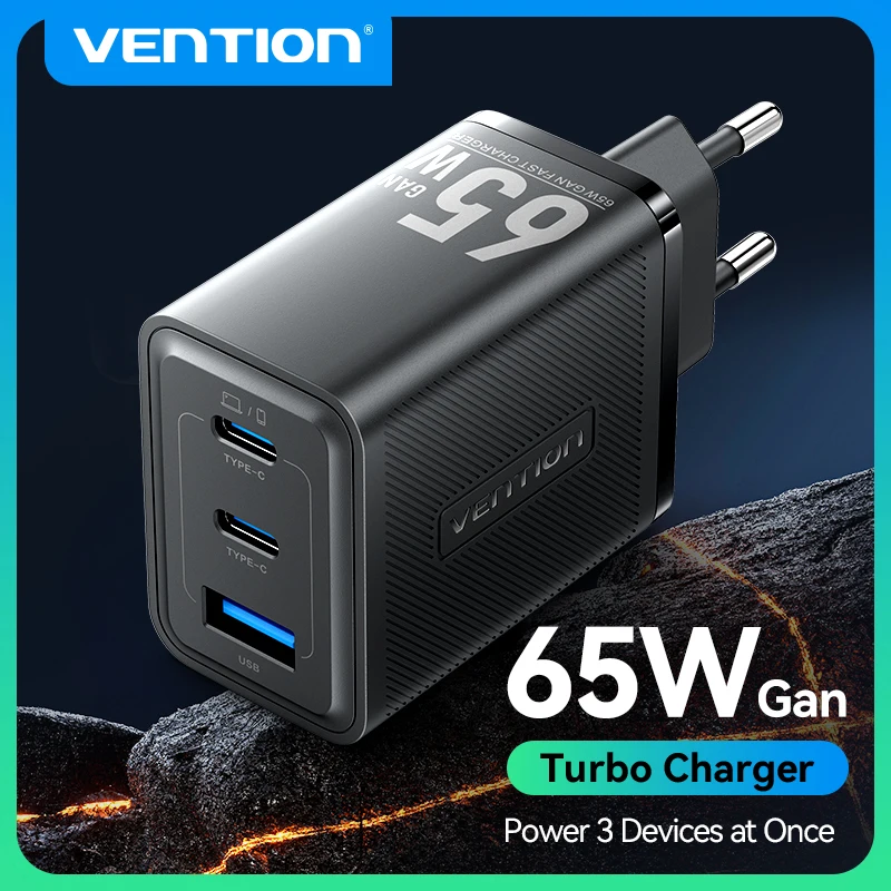 Cargador Vention de 65W GaN con Carga Rápida 4.0 3.0 Tipo C PD USB, Cargador Portátil QC4.0 3.0 de Carga Rápida para Laptop, iPhone