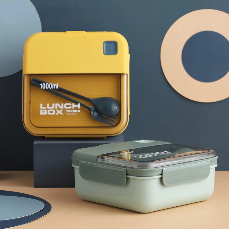

Lunch Box 1L Square Camera Flat Lid Student Microwaveable Four Side Buckle Portable Sealed Adult Lunch Grid Bento Box