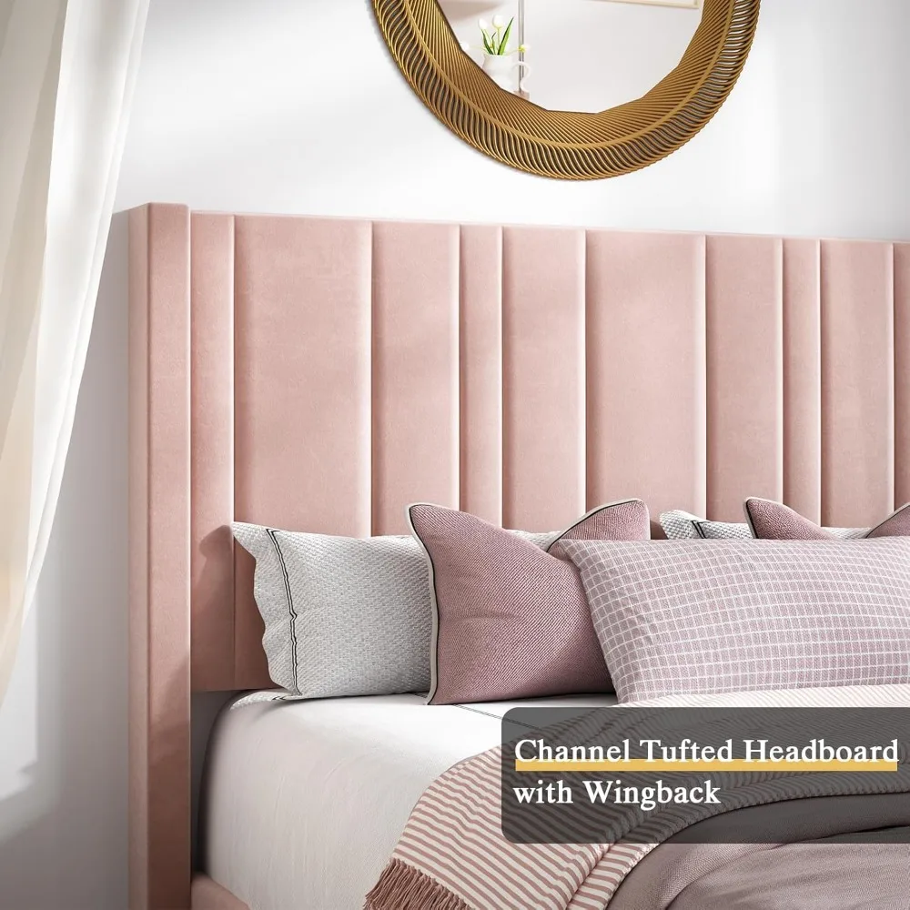 Queen Size Bed Frame, Pink Queen Beds Frames with Vertical Channel Tufted Headboard, Soft Velvet Upholstered Bed Frame 4