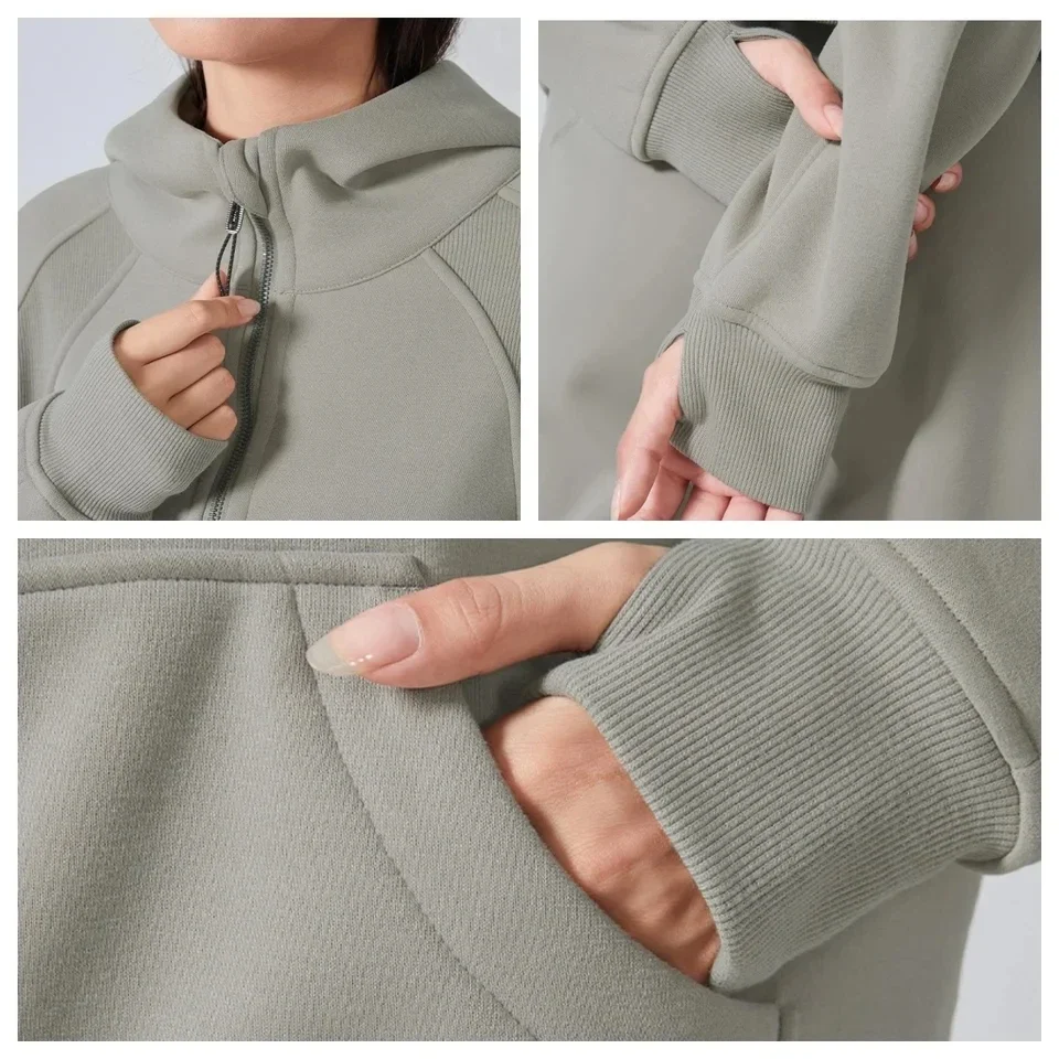 Full-Zip Hoodies Women Winter Clothes Fleece Warm Sweatshirt Sports Coat Jacket Fashion Loose Casual Yoga Top Streetwear