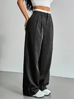 Women's Straight Leg Pinstripe Trousers High Waist Office Business Pants Casual Striped Dressy With Pockets - Image 3