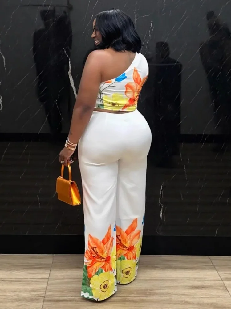 Wmstar Two Piece Sets Women Wholesale Elegant Stretch Wide Leg Off Shoulder Floral Print Pants Sets Matching Suit Dropshopping