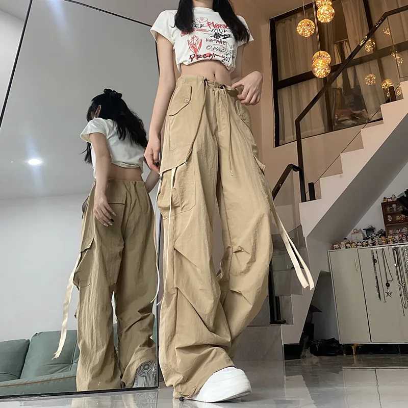 

Women's Bottoms Khaki Drawstring Sweatpants Casual High Waist Straight Mopping Pants Fashion Solid Baggy Black Wide Leg Trouser