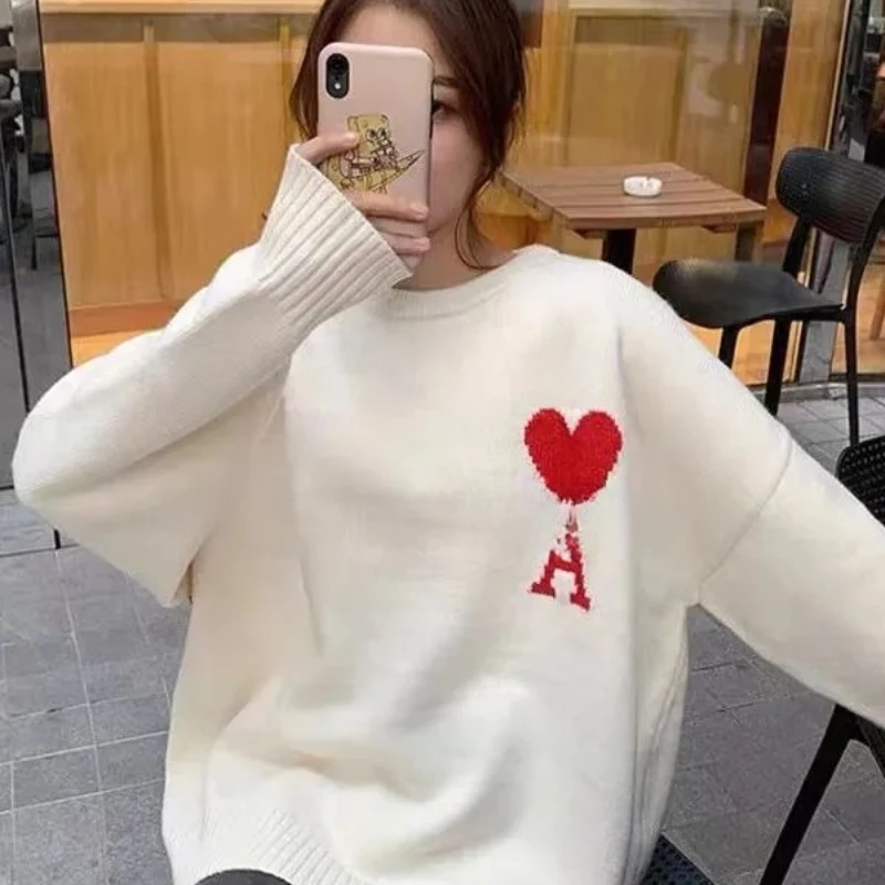 Spring And Autumn New Round Neck Love Slimming Sweater Trendy Fashion Loose Sweet Versatile Knitted Sweater Women's Top