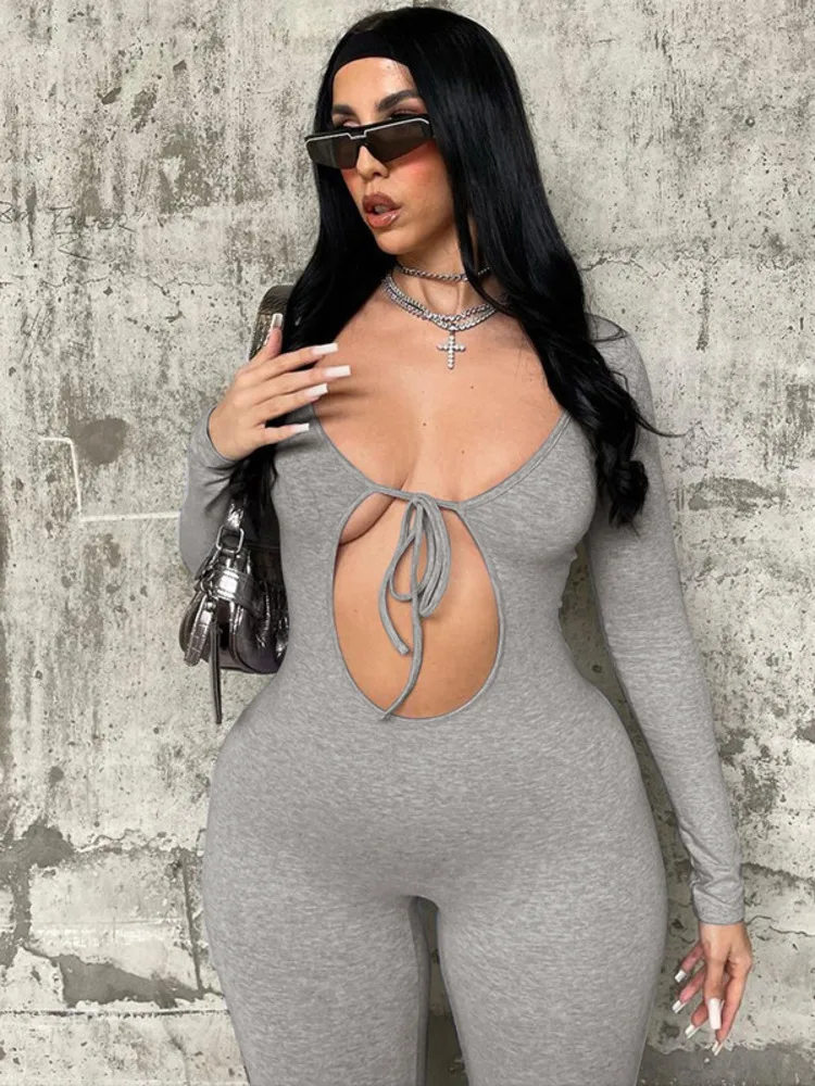 JULISSA MO Fashion New Autumn Hollow Out Lac-up Long Sleeve Streetwear Bodycon Jumpsuit Rompers Overalls One Piece Outfit