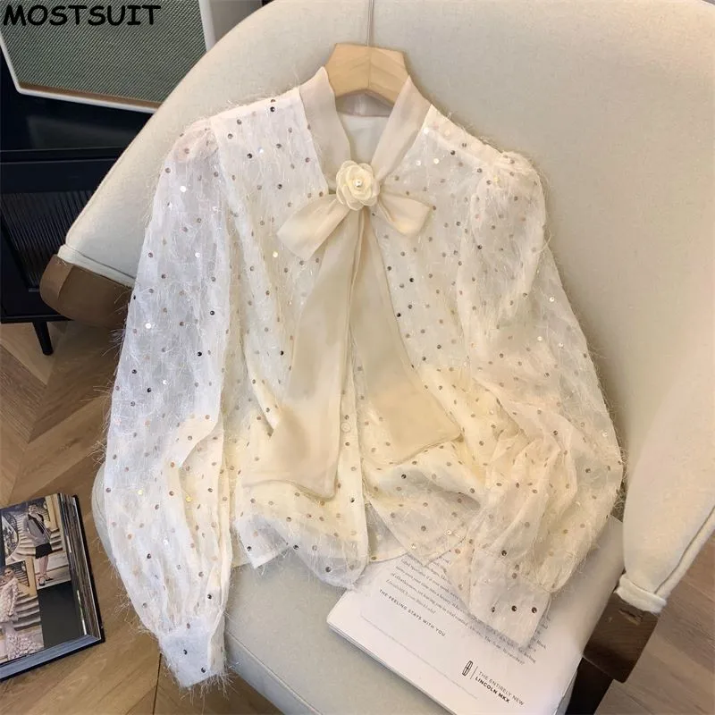 Sequins Elegant Shirt For Women Stylish Workwear Fashion Ladies Blouse Tops Bow Collar Long Sleeve Office Ladies Blusas Shirts