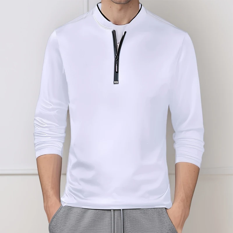 2025, lässiges, modisches, einfarbiges Langarm-Poloshirt für Herren, Stehkragen, vielseitiges, bequemes Oberteil – Detail 7