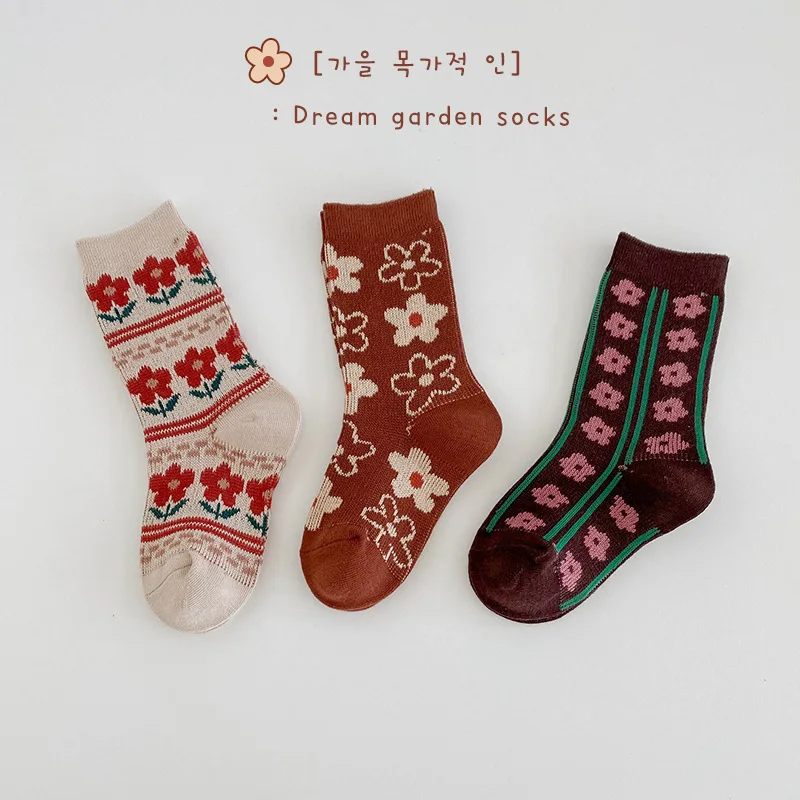 Girls Socks Kids 3-12T Baby Warm Cotton Socks Calf Length Spring Autumn Vintage Pattern Flowers Socks For Children