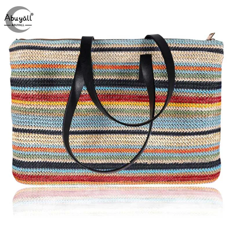 Abuyall Straw Clutch Bag Summer Beach Stripe Colorful Shoulder Tote Purse Women Woven Zipper Wedding Wristlet Bohemian Wallets