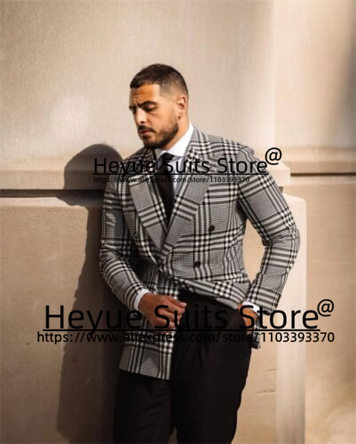 Luxuly Houndstooth Classic Men Suits Slim Fit Double-breasted Groom Formal Tuxedos 2 Pcs Sets Business Male Blazer Costume Homme