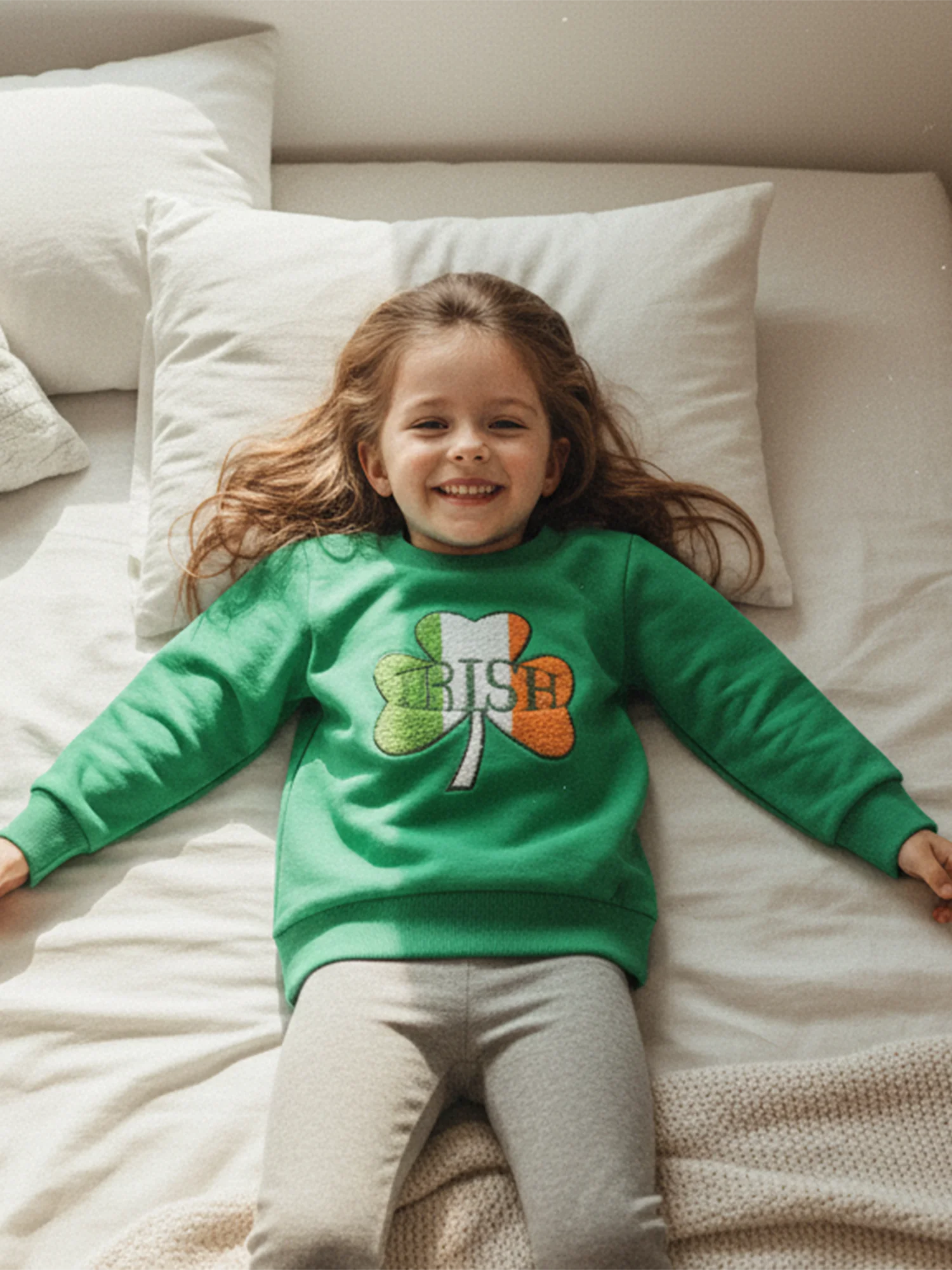 Girls St Patrick s Day Shamrock Hoodies Long Sleeve Crew Neck Embroidered Pullover with Four Leaf Clover Design