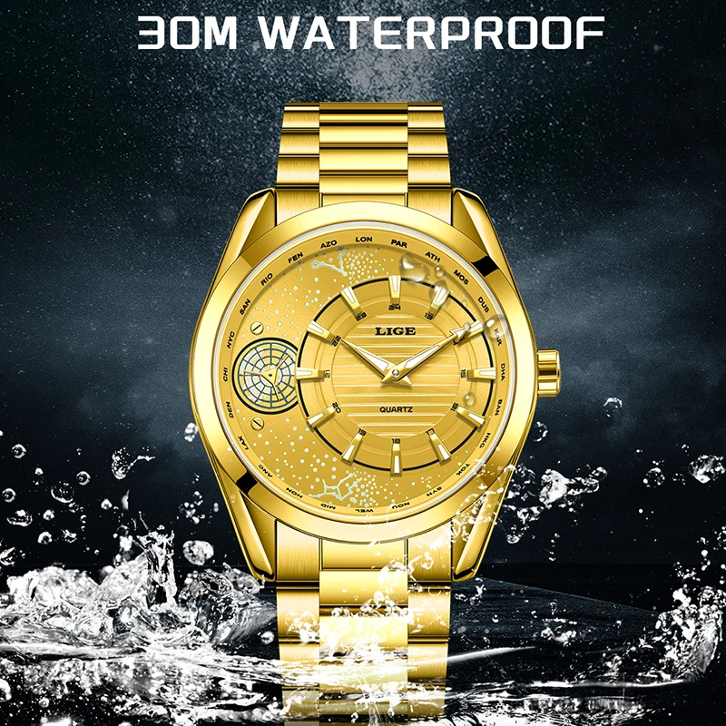 LIGE New Gold Globe Big Dial Watch Men Fashion Luminous Sports Men's Watches Waterproof Stainless Steel Quartz Chronograph Male
