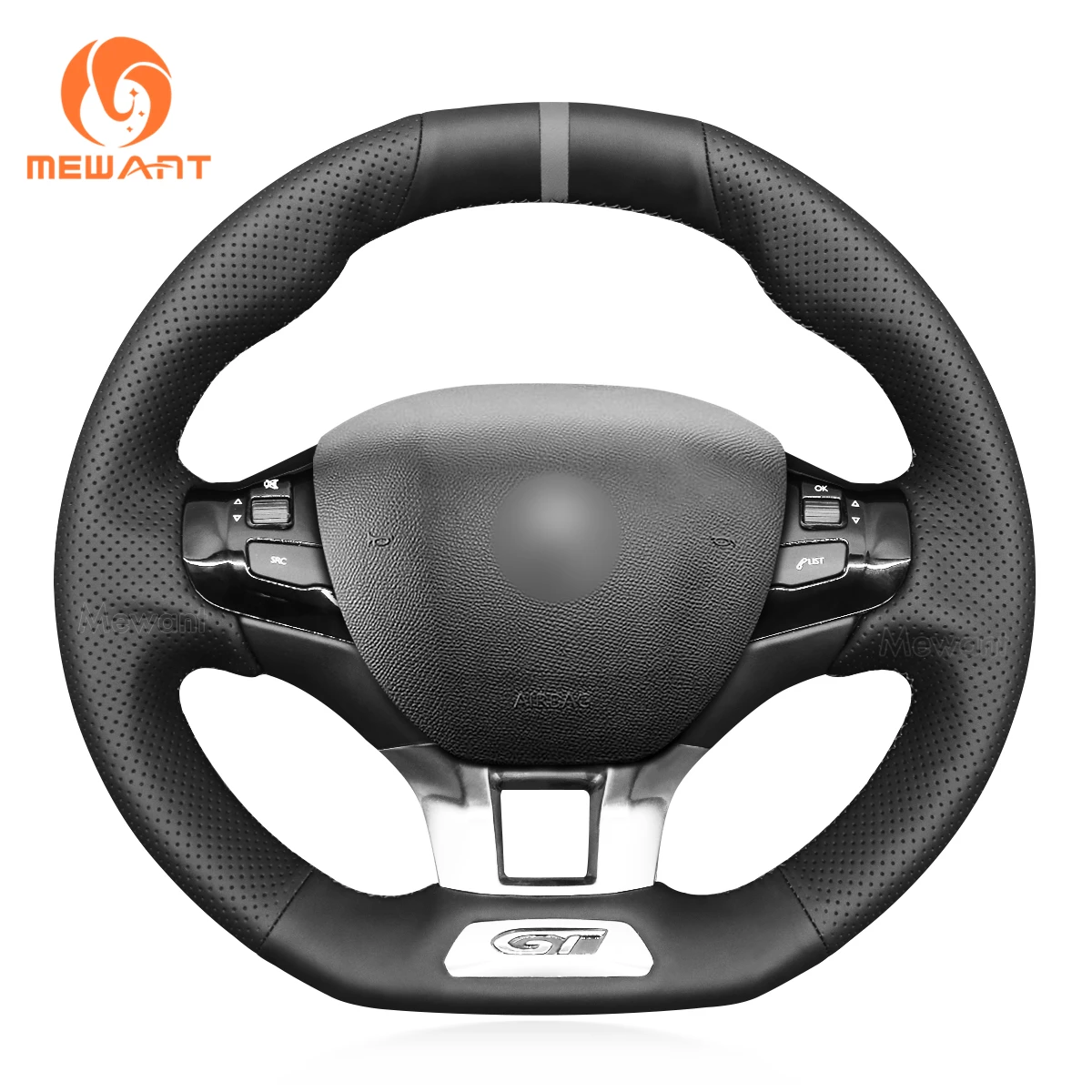 MEWANT Black PU Leather Hand Sewing Steering Wheel Cover for Peugeot 2008 208 GTi GT Line 308 SW 2013-2021