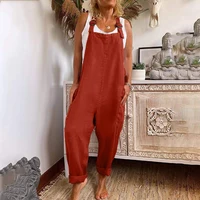 Combinaison à bretelles ajustables pour femme, style rétro, couleur unie, bretelles amples, col carré, sans manches, poches, pantalon longueur cheville 3