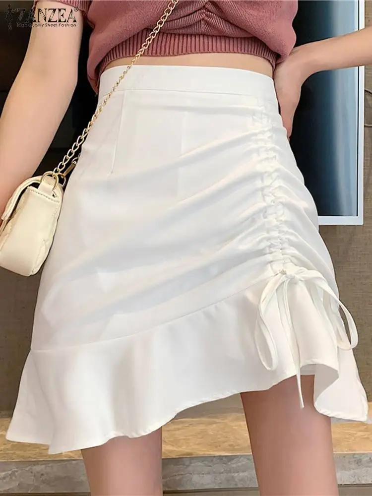

Мини-юбка ZANZEA Женская однотонная с высокой талией, Элегантная Модная трапециевидная короткая юбка в Корейском стиле, с кулиской и рюшами, лето 2023