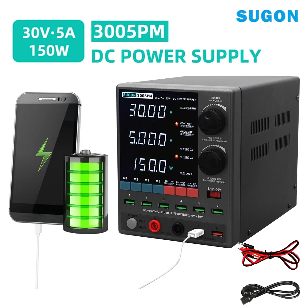 Fuente de alimentación CC de 3005pm, bajo nivel de ondas de interferencia, salida de 30V 5A 8.4V, reparación profesional de fuentes de alimentación CC, puerto USB ajustable de 150W, OCP, OVP