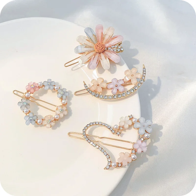 

New Women's Rhine-diamond Flower Hairpin Girls Broken Hair Side Hairpin Bangs Hairpin Girls One-line Hairpin Hairpin Accessories