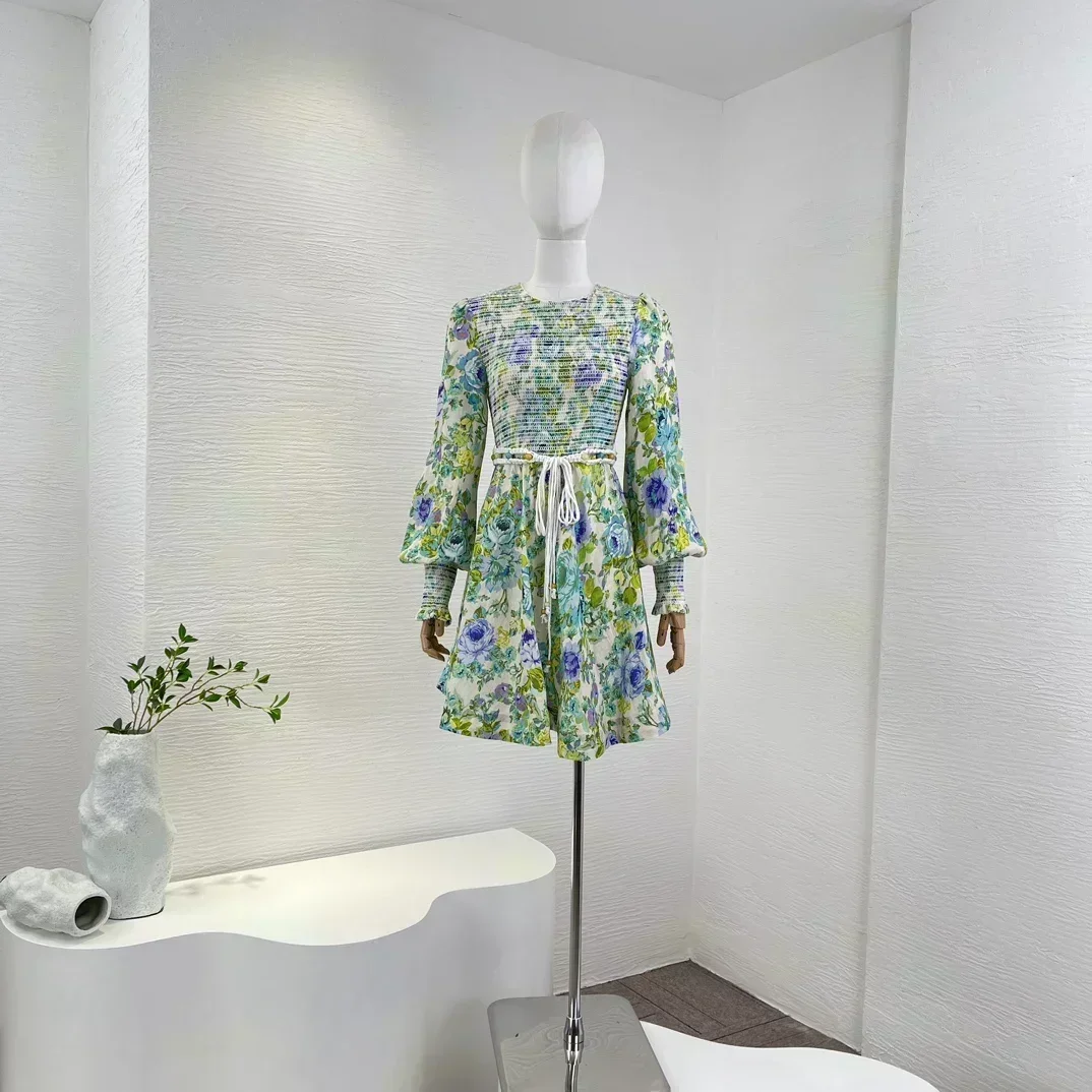 

Новое поступление 2023, высококачественное винтажное зеленое платье-рубашка из чистого льна с длинным рукавом и цветочным принтом, женское мини-платье с поясом