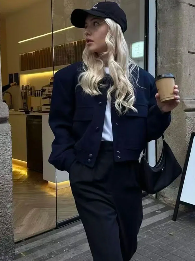 

Zach AiIsa High Quality New Women's Fashion Round Neck Long Sleeve Single Breasted Loose Large Pocket Bomber Jacket Outerwear