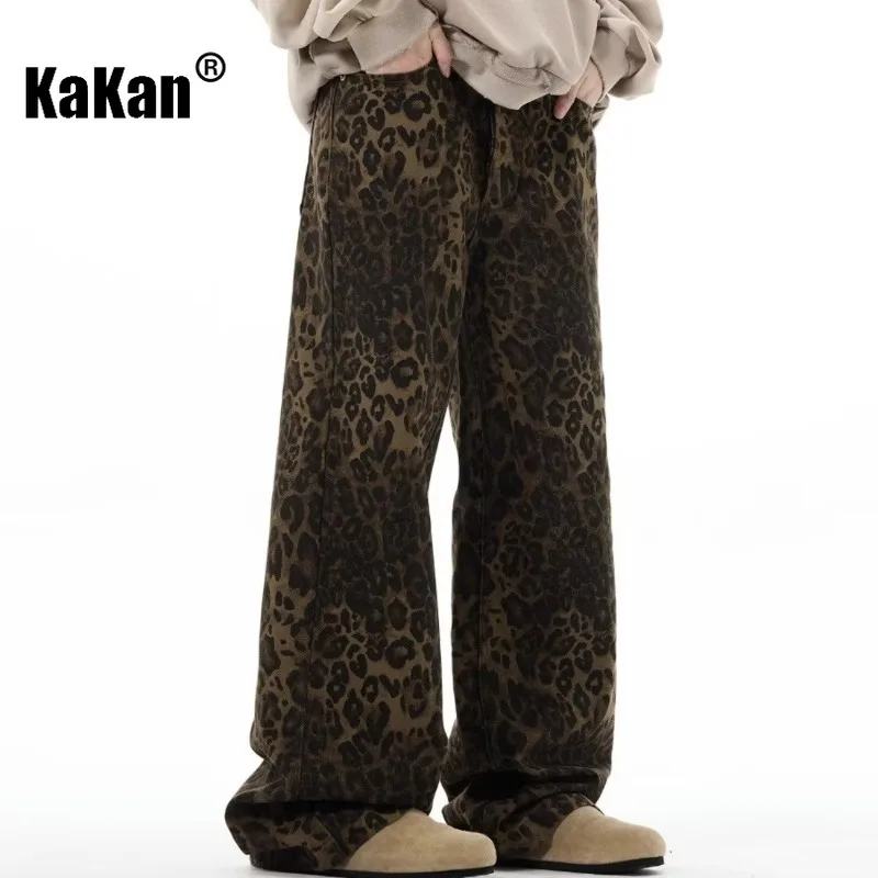 Kakan - European and American New Retro Leopard Print Jeans for Men, Straight and Loose Fitting Casual Long Jeans K27