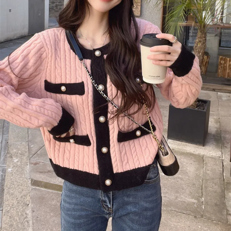 

2022 Sweaters Winter Spring and Autumn New Age-Reducing Pink Twist Short Slim Fit Knit Cardigan Jacket Top Women's Clothing