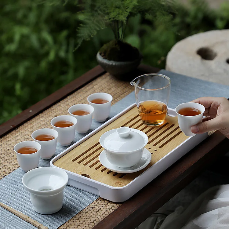 

Travel Tea Set Gift Home Office Simple White Porcelain Tea Set Cover Bowl Tea Cup Portable Complete Set Dry Tea Tray
