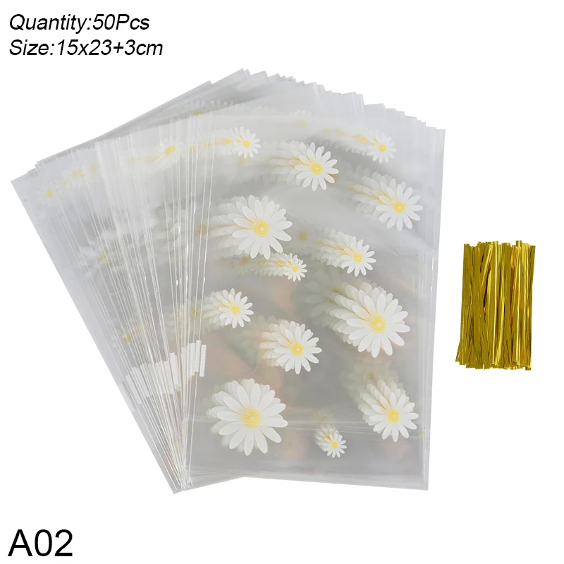 100 Stück Gänseblümchen Süßigkeitentüten Mit Zwickel – 15x22,9 Cm, Mit Goldenen Bindebändern