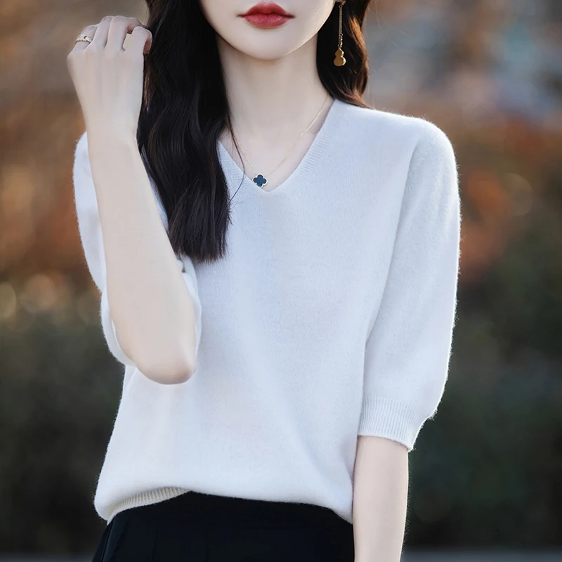 2025 100% ميرينو الصوف محبوك سترة بأكمام قصيرة خط...