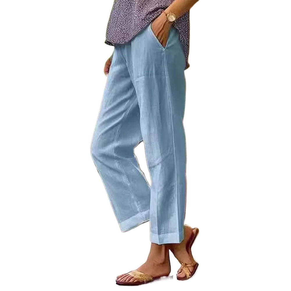 Women Cotton Linen Summer Pants Elastic Waist Wide Leg