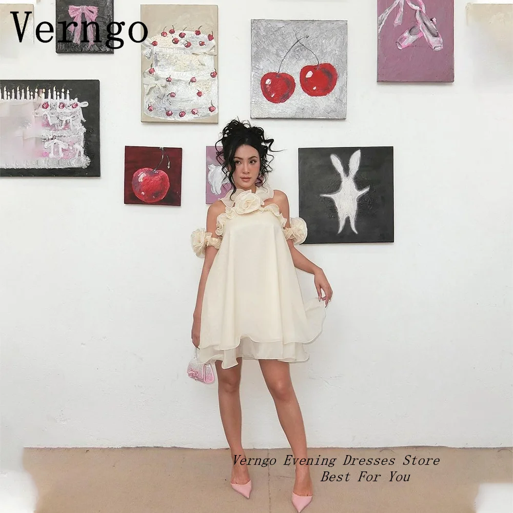 

Verngo Ivory Organza Mini Prom Gowns Halter 3D Flowers Short Party Dress For Women Backless A Line Formal Dress