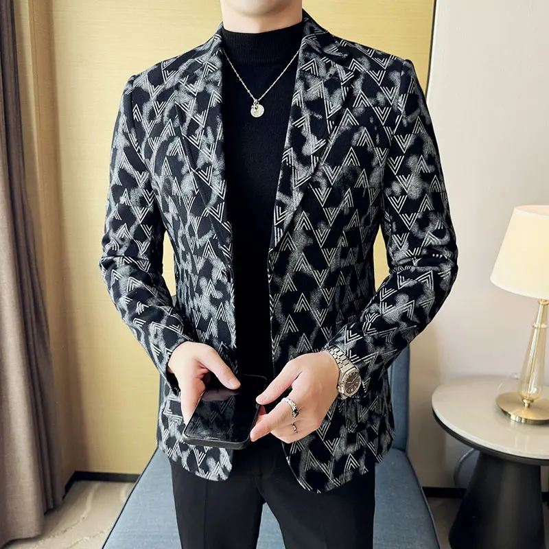 High Quality Denim Jacquard Suit Jacket for Men Slim Fit Business Men Blazers Fashion Casual Streetwear Social Dress Coats