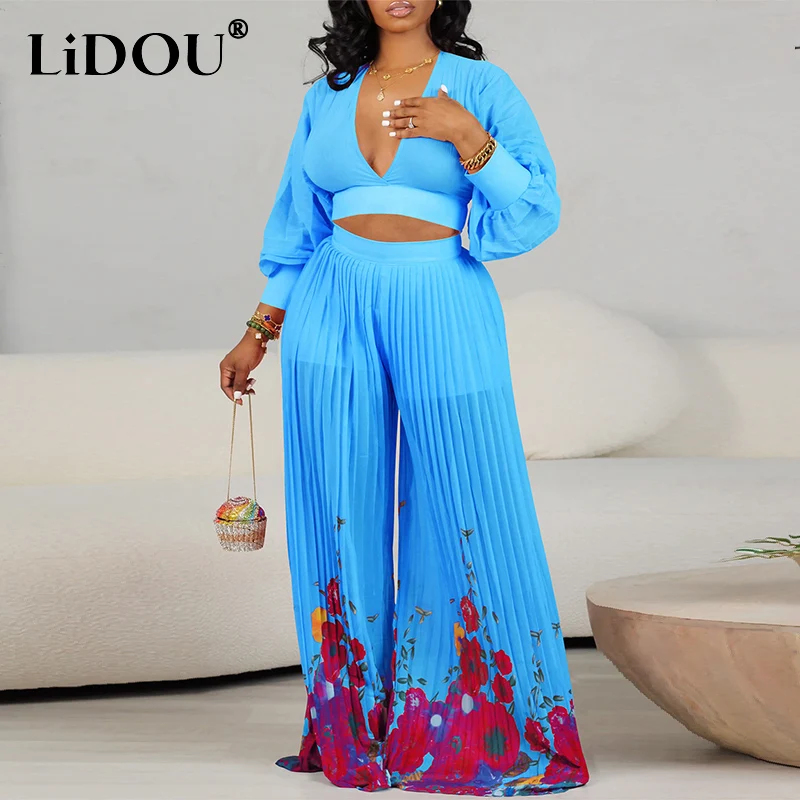 Summer Autumn Deep V-neck Sexy Fashion Lantern Long Sleeve Printing Chiffon Top Women Elastic Waist Pleated Wide Leg Pants Suit